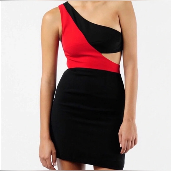 Black Halo Kylie Black Red One Shoulder Cut Out Sleeveless Mini Dress Size 4 - Picture 1 of 9